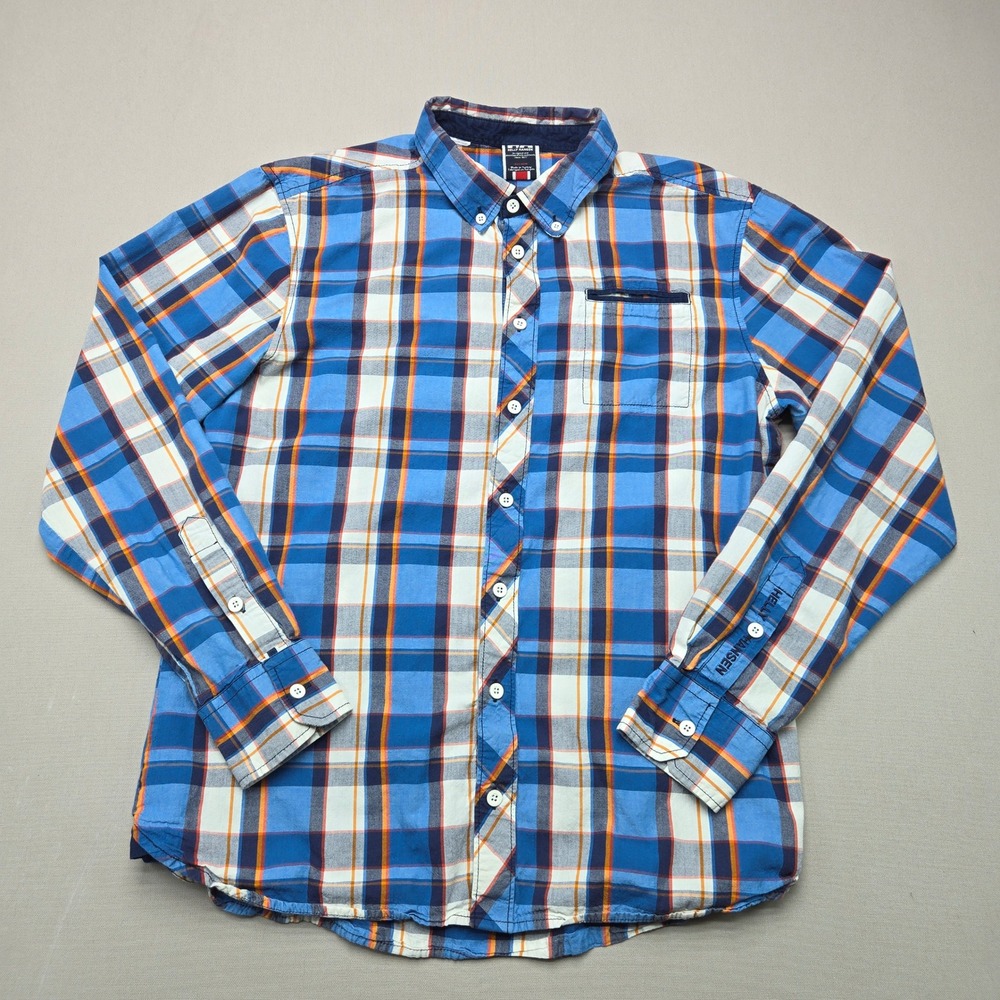 Helly Hansen Button Down Shirt Plaid Check Blue Orange Mens Size Medium